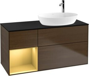 V&B Waschtischunterschrank Finion mit Wandbeleuchtung, Breite: 120 cm, Tiefe: 50,1 cm, Höhe: 50,1 cm, glänzend blau matt mit Regal gold matt und Wandleuchte weiß - Bild 1