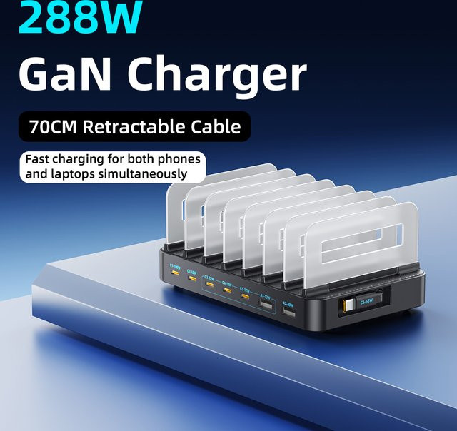288W GaN 8-in-1 USB-C Multi-Port Desktop-Schnellladegerät mit PD3.0 in Schwarz für MacBook, iPad, iPhone und Samsung Android Geräte - Bild 1