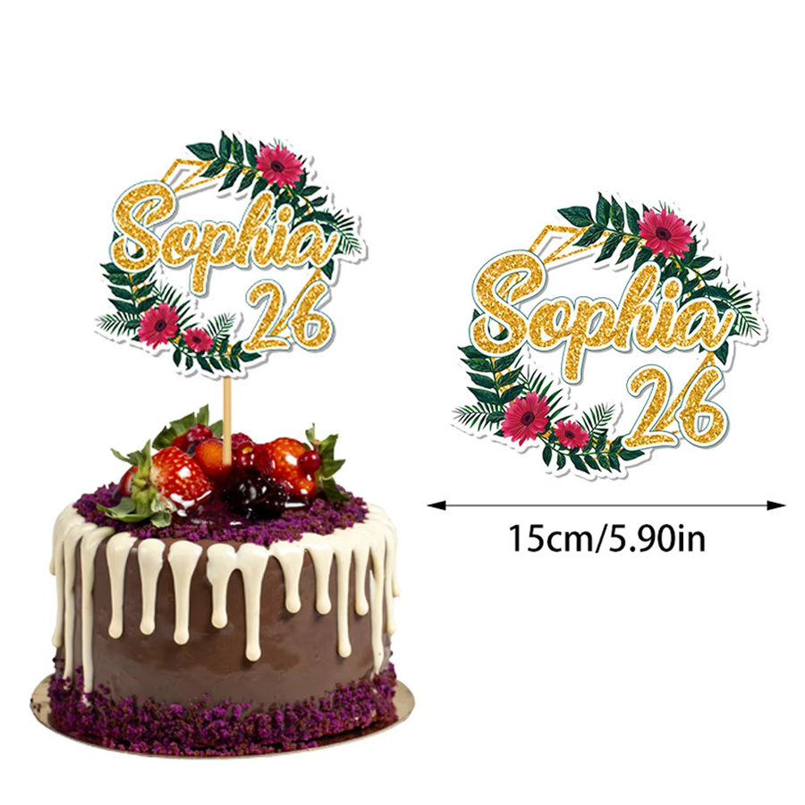 Personalisierte Sommer-Kuchendekoration von Cyuan mit Blumen und Grün, anpassbar mit Namen und Alter, bunt, aus Papier - Bild 4