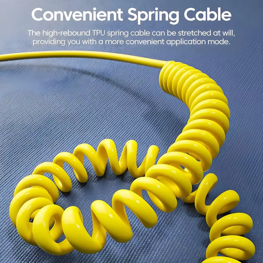 3-in-1 PD Schnellladekabel Teleskop-Spiralkabel Gelb mit USB-A zu USB-C, Lightning und Micro-USB - Bild 3