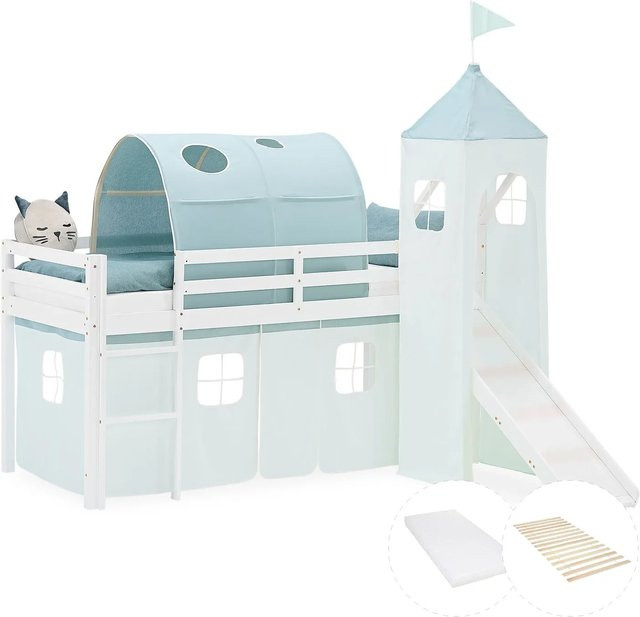 Homestyle4u Kinder Hochbett aus Kiefernholz mit Rutsche und Treppe in Grün, B/T/H: 207,5 x 90 x 217,5 cm - Bild 1
