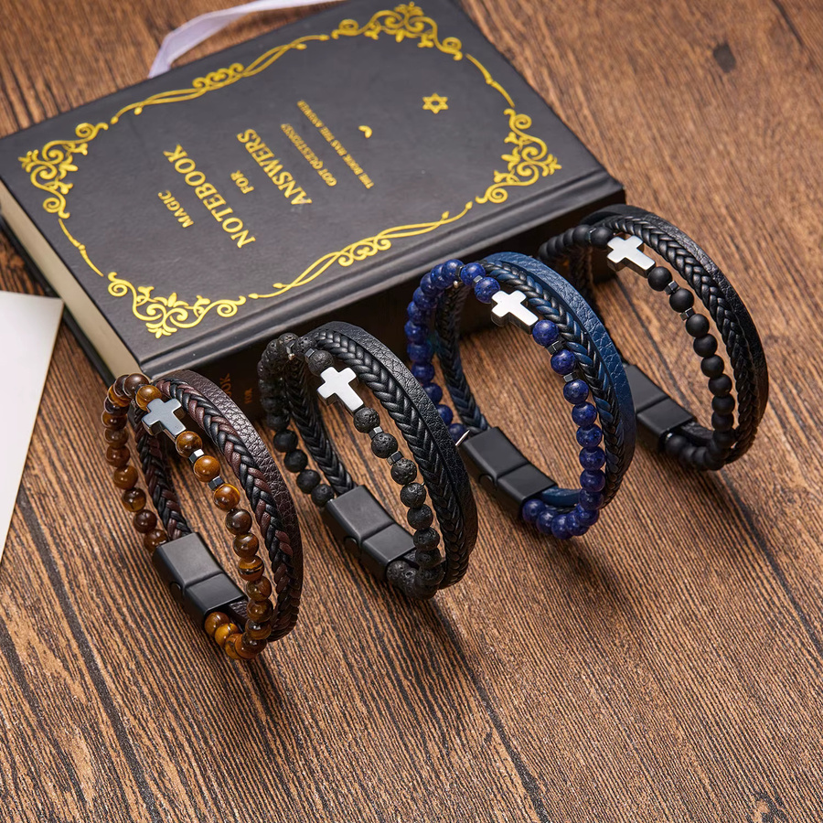 Rinhoo Armband, Leder, Perlen, Schwarz, Unisex - Bild 1