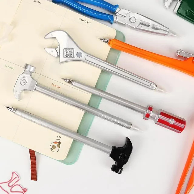 6er Set kreative Kugelschreiber im Werkzeug-Design mit Hammer, Messer und Handsäge in verschiedenen Farben - Bild 1