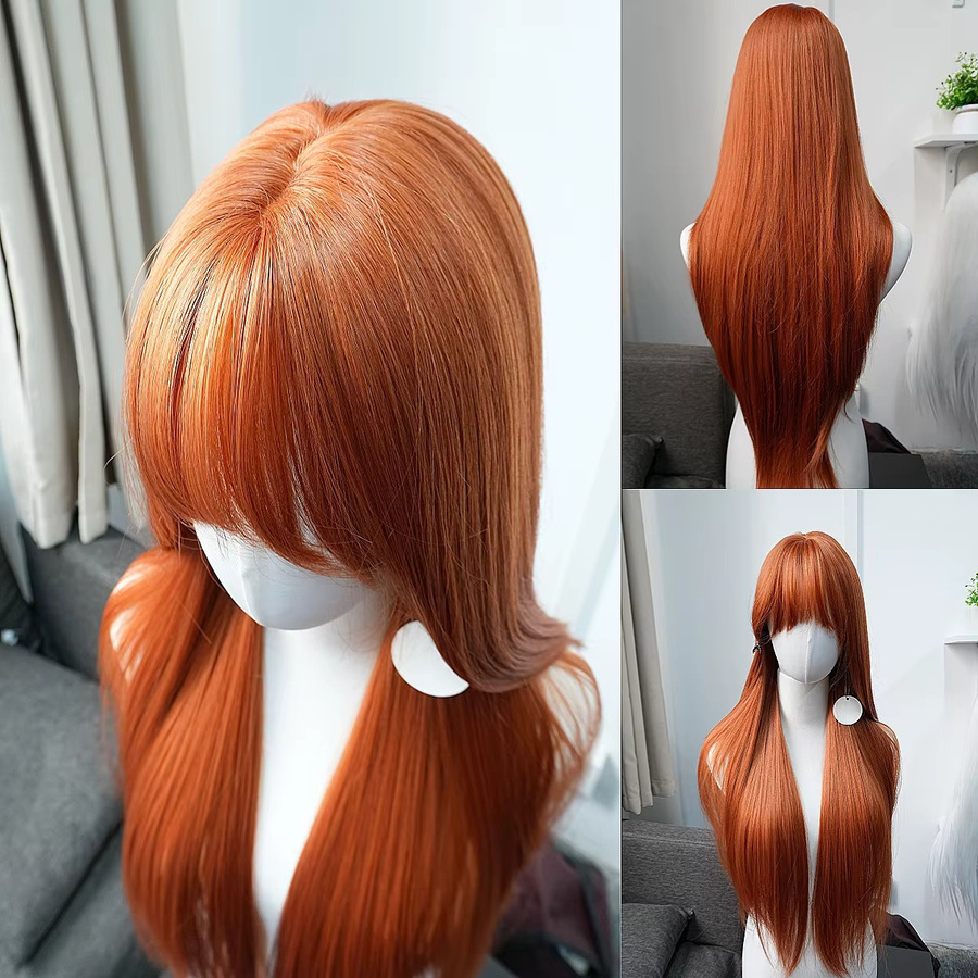 Dunkelorange Perücke mit Pony, 32 Zoll, glatt, hitzebeständig, synthetisch - Bild 2