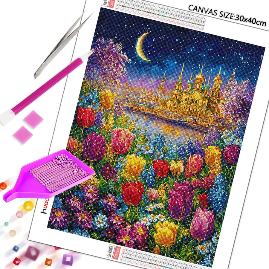 Huacan Diamant-Malerei Tulpe und Kirche als dekoratives Mosaik-Gemälde in Mehrfarbig, B/H: 20 x 30 cm - Bild 2