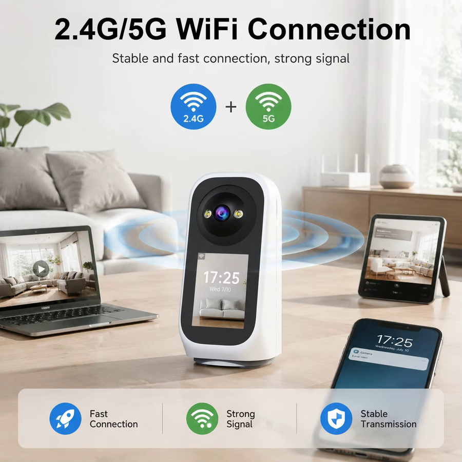 Jooan 3K PTZ IP-Kamera mit 2,8-Zoll-LED-Bildschirm, Babyschrei-Erkennung, KI-Tracking und Videoanruf, Weiß - Bild 2