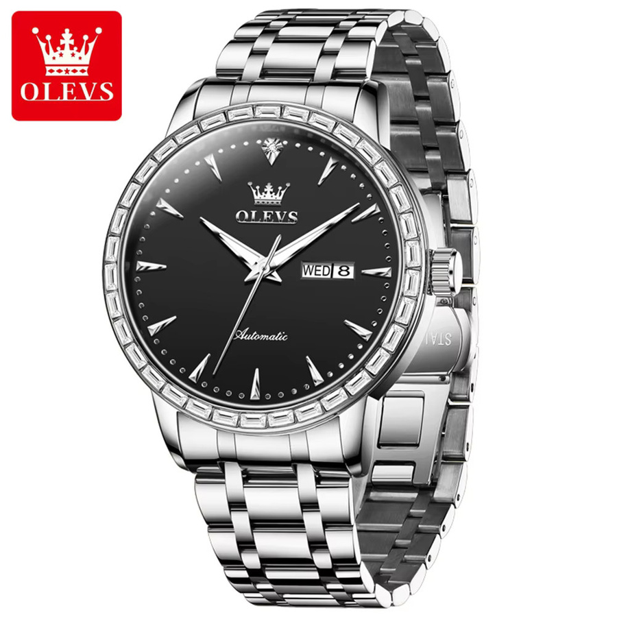 OLEVS Armbanduhr, Automatik, Edelstahl, Diamant, Herren, Schwarz, Silber - Bild 2