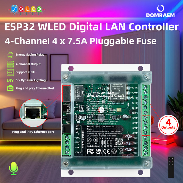 DOMRAEM 4-Kanal ESP32 Ethernet WLED-Controller für DIN-Schienenmontage mit WiFi und Musik-Sync für RGBIC WS2811/12 LED-Streifen - Bild 1