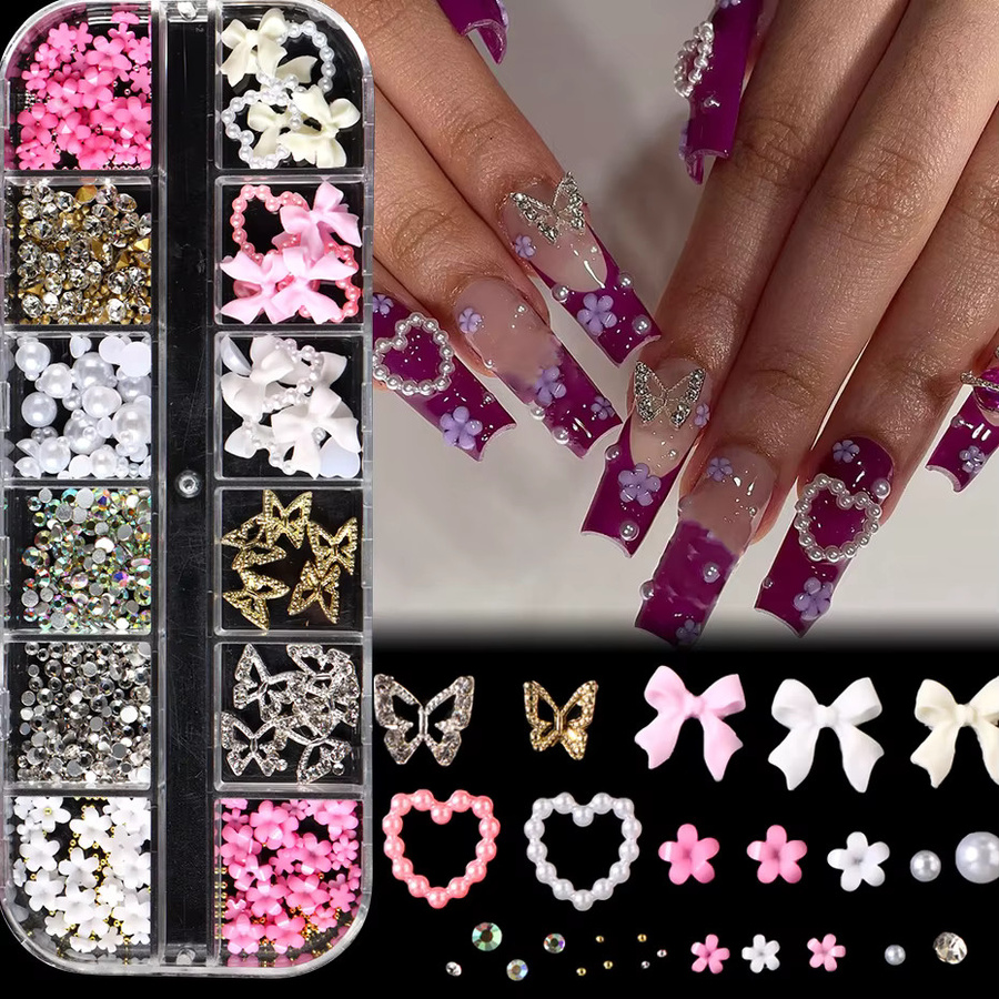 12-Gitter-Set 3D-Nagelkunst-Charms, mehrfarbig, Schmetterling, Blumen, Schleife, Strass - Bild 2