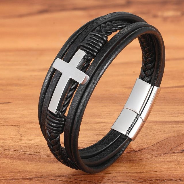 YJSTY Lederarmband, Kreuz, mehrschichtig, elfenwein, Herren, 19cm - Bild 1