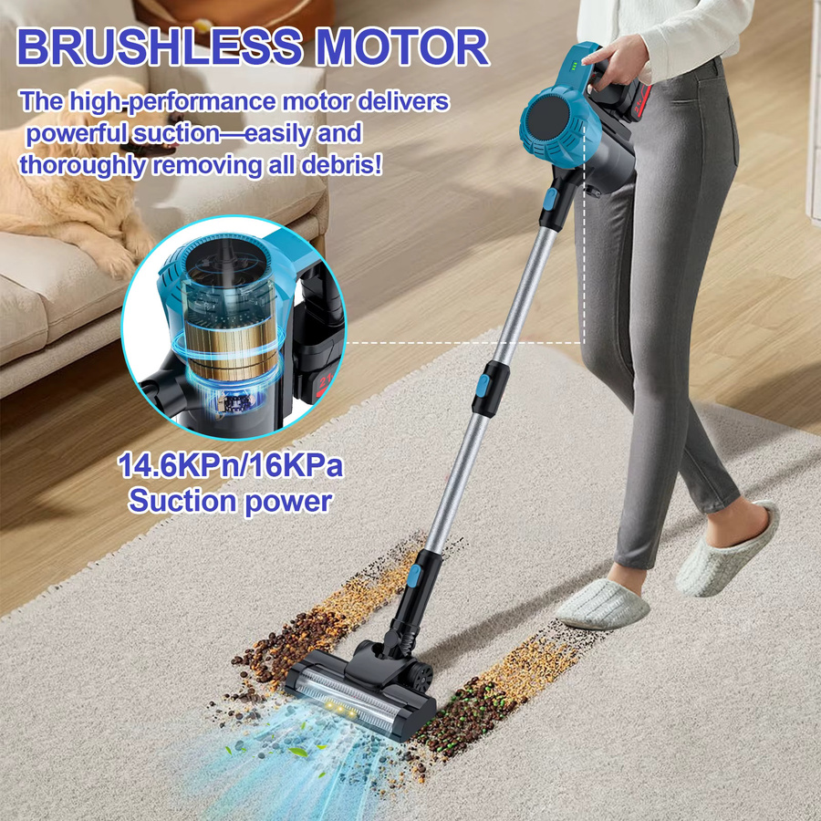 Betuyoo Kabelloser Stabstaubsauger in Blau mit 16kPa Saugkraft, LED-Licht und 5-Schicht-Filtration, kompatibel mit Makita B-Serie Akkus, 0,8l Staubbehälter - Bild 4