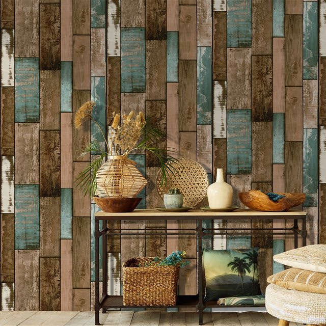 Selbstklebende Vinyl-Tapete KALYNN in Vintage-Steinholz-Optik, mehrfarbige Holzplanken-Design-Rolle - Bild 1