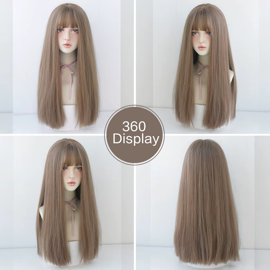 7JHH WIGS Perücke für Damen, lang, gerade, honigbraun, synthetisch, mit Pony - Bild 3