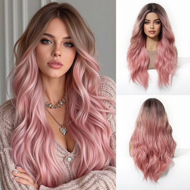 EASIHAIR Synthetische Perücke, rosa gewellt, lang, Damen - Bild 1