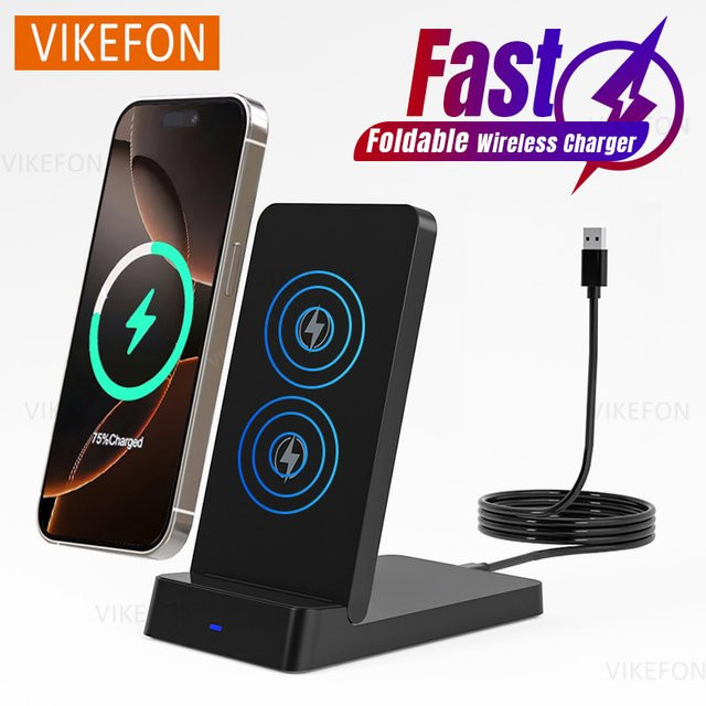 VIKEFON Drahtloses Ladegerät mit klappbarem Desktop-Halter für iPhone, Samsung und Xiaomi in Schwarz - Bild 1