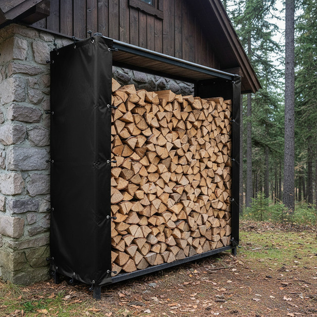 2 Stück ACCHAMP Brennholzregal Vorhang aus Polyester, winddicht und wasserdicht, Schwarz, B: 70 cm, H: 185 cm - Bild 1