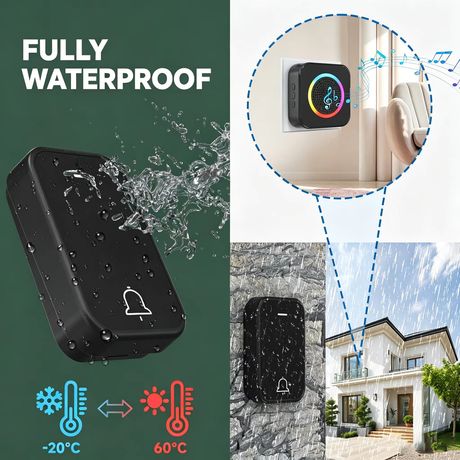LUNZO Kabellose Türklingel mit farbigem Licht, IP44 wasserdicht, schwarz - Bild 2