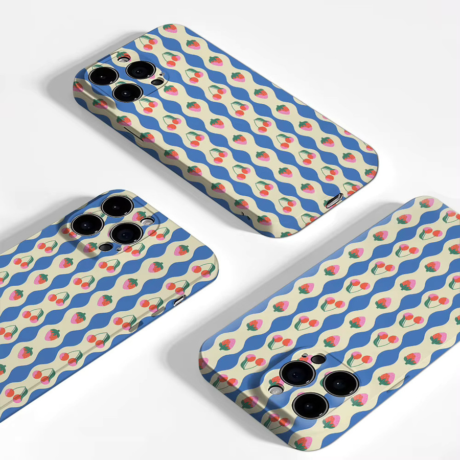 Handyhülle mit Erdbeeren und Kirschen Design in Blau für Apple iPhone 17 16 15 14 13 12 Pro Max Plus mit doppelschichtiger Rückseite - Bild 3