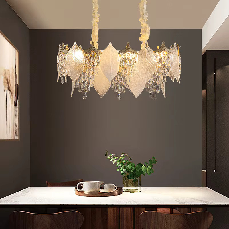 JIANKEXING Kristall-Pendelleuchte in Blatt-Form, Gold/Messing, Transparent, Warmweißes Licht für Wohnzimmer, Schlafzimmer und Küche - Bild 2