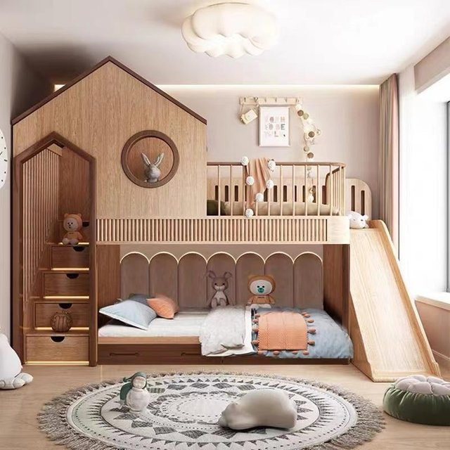 DUTRIEUX Etagenbett für Kinder in modernem Design mit Treppenlagerung und Seitenfächern, Farbe Braun - Bild 1