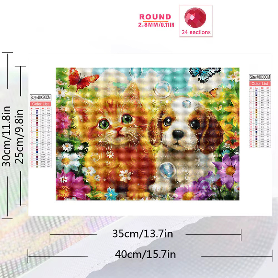 EverShine Diamant-Mosaik Set mit Hund und Katze in Blumenmuster, Vollquadrat-Drill-Malerei mit bunten Strasssteinen für die Wanddekoration, B/H: 20 x 30 cm - Bild 2