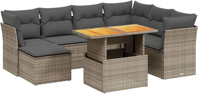 vidaXL 8-teilige Garten-Sofagarnitur in L-Form aus Poly-Rattan und Akazienholz mit Kissen in Grau - Bild 1