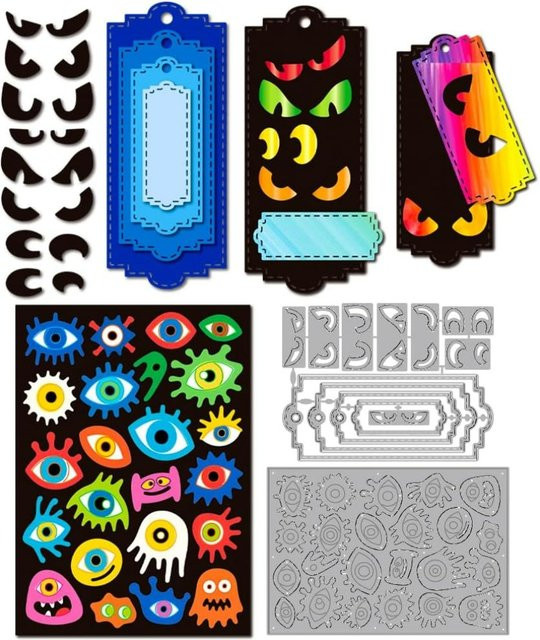 Staring Eyes Hintergrundbrett aus Kohlenstoffstahl mit kleinen Monstern und Etikettenrahmen als Metall-Stanzform und Prägevorlage - Bild 1