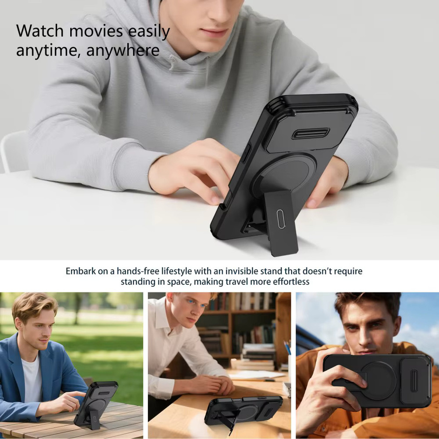 Magnetische Schutzhülle mit Slide-Kamera-Abdeckung und Kickstand für iPhone 11 bis iPhone 17 Pro Max in Schwarz - Bild 4