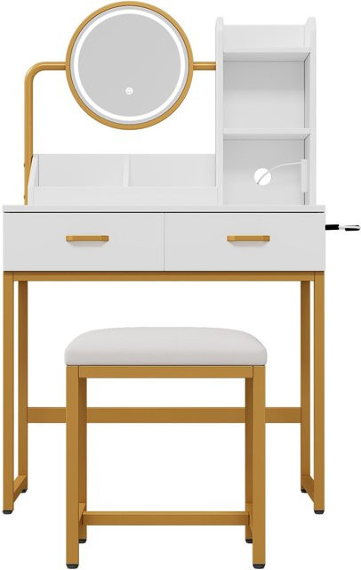 Moderner Schminktisch von RN Store in Weiß mit Gold-Akzenten, inklusive LED-Beleuchtung, drehbarem HD-Spiegel, Föhnhalter und Hocker, B/T/H: 80 x 40 x 138,5 cm - Bild 1