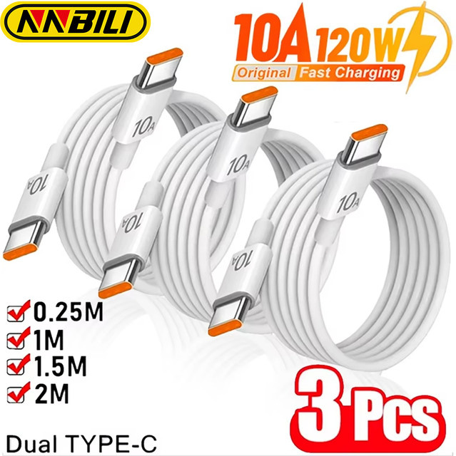 NNBILI 3-teiliges Universal PD Dual USB-C Schnellladekabel 120W 10A Datenkabel in Weiß für Samsung iPhone 15 16 HUAWEI Xiaomi - Bild 1