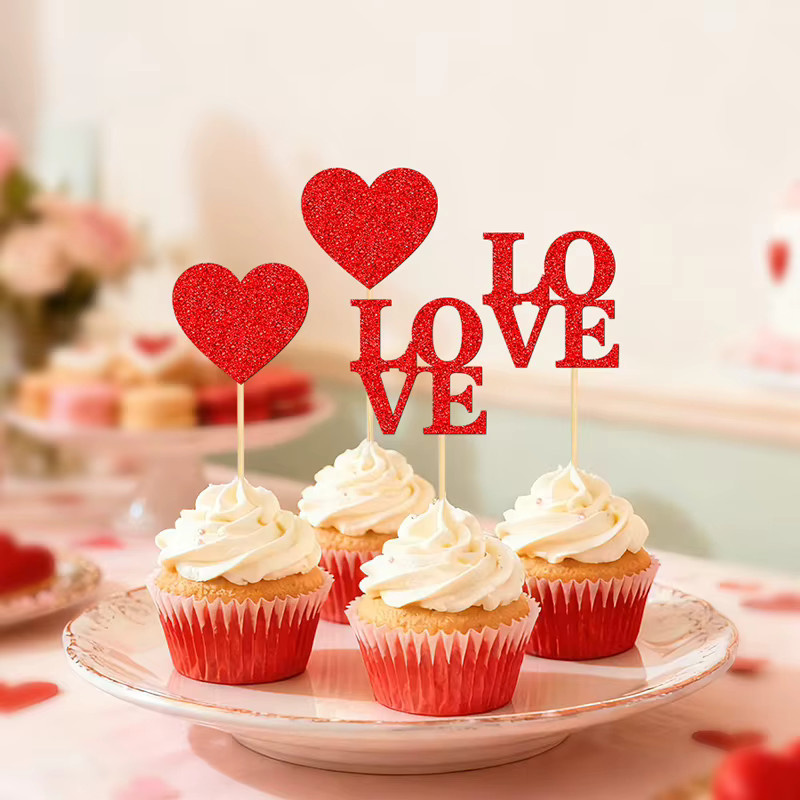 YOMDID 24 Stück Cupcake-Topper zum Valentinstag in Rot mit glitzernden Liebesherzen als Kuchendekoration - Bild 2