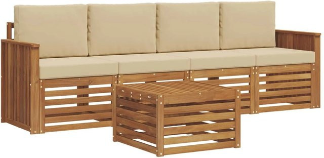 vidaXL Sofagarnitur aus Massivholz Akazie in Natur und Beige mit Kissen und Tisch im modernen Latten-Design - Bild 1