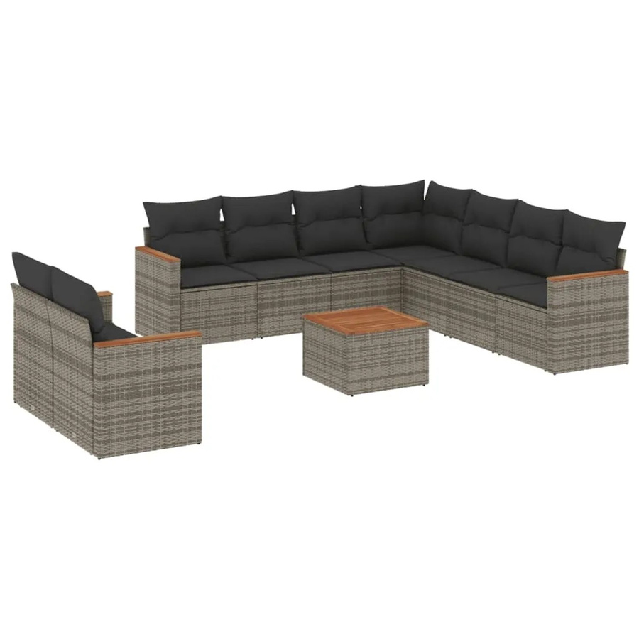 vidaXL 10-tlg. Garten-Sofagarnitur in L-Form aus Polyrattan und Akazienholz mit Kissen in Grau - Bild 2