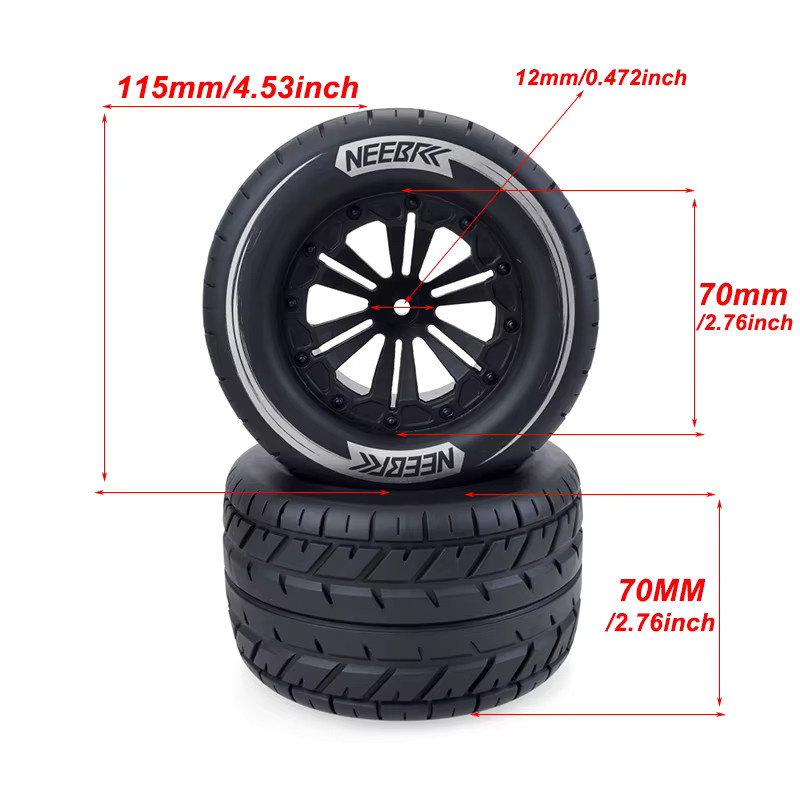 NEEBRC Monster Reifen, 4-teiliges Set, 1:10, 115mm, 12mm Hex, Schwarz - Bild 2