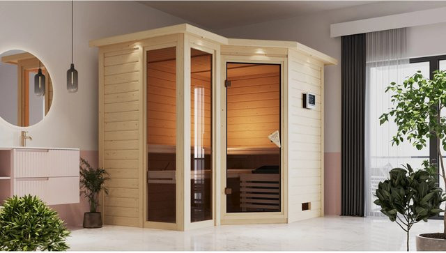 Karibu Massivholzsauna Amalia Bio-Kombisauna aus Fichte mit Dachkranz und LED-Steuerung, Farbe: Natur/Braun/Weiß, B/T/H: 236 x 198 x 212 cm - Bild 2