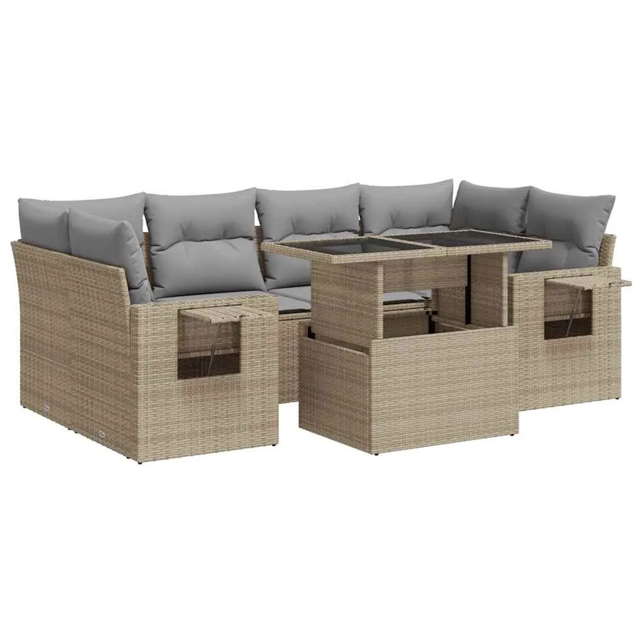 vidaXL 7-teilige Garten-Sofagarnitur in L-Form aus Poly-Rattan mit Kissen in Beige-Grau - Bild 2