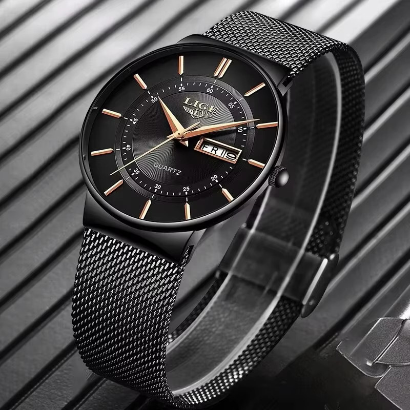 LIGE Chronograph, Herren, Edelstahl, Schwarz, Milanaise, Datum, Wochentag - Bild 4