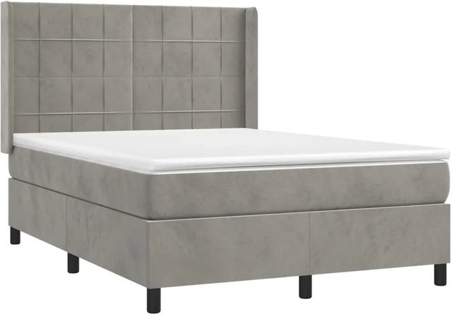 vidaXL Boxspringbett mit Matratze in Hellgrau, Hybridbett mit LED-Unterbettbeleuchtung und USB-Ladeanschluss, Samt, B/T/H: 140 x 200 x 128 cm - Bild 1