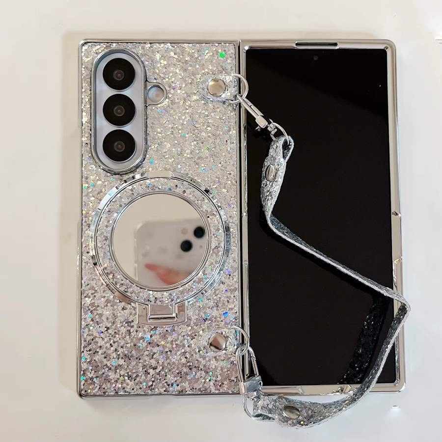 Silberne Glänzende Puder-Kompaktspiegel Handyhülle mit Magnet und Trageriemen für Samsung Z Fold 7/6/5/4/3 - Bild 5