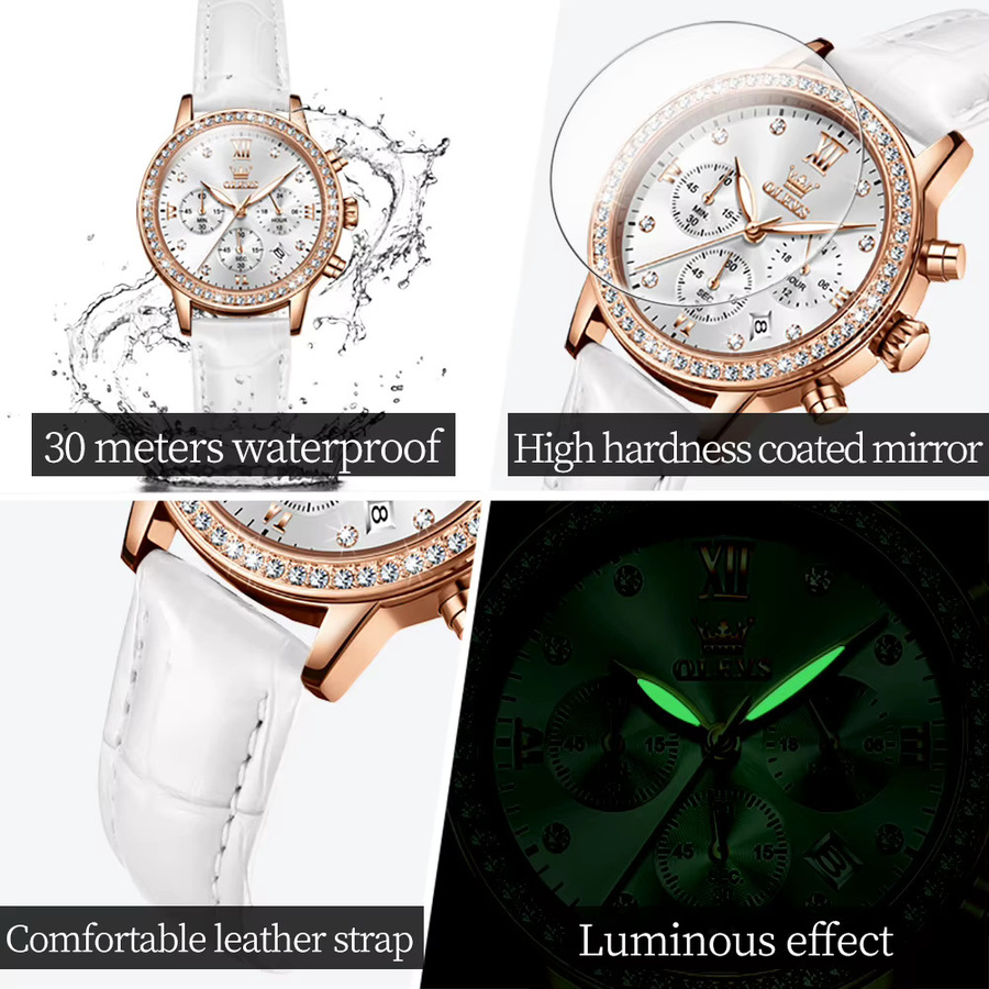 OLEVS Armbanduhr, Chronograph, Diamantbesetzt, Leder, Damen, Weiß - Bild 3
