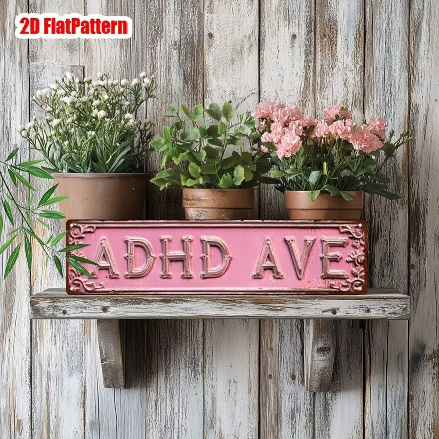 Vintage Metallblechschild HELLOYOUNG ADHD AVE Retro-Wanddekoration in Rosa, B: 40,0 cm, H: 10,0 cm, T: 1,0 cm - Bild 2