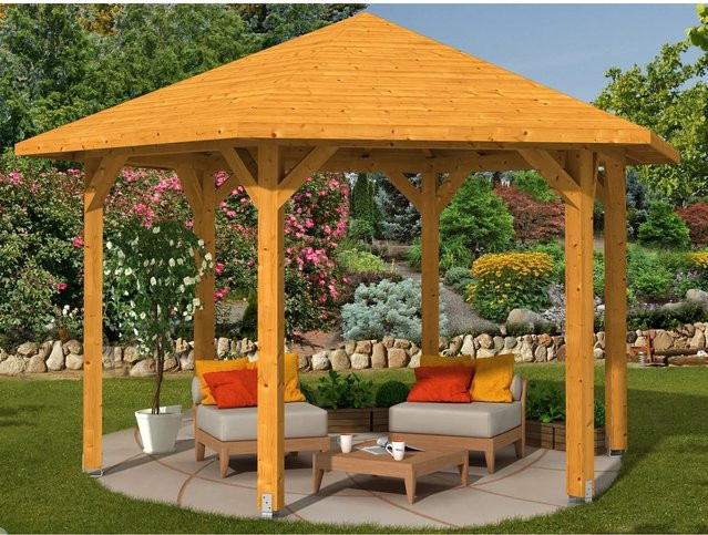 Skan Holz Pavillon Nancy 3 aus Leimholz in Eiche hell und Beige mit Zeltdach, B/T/H: 480 x 416 x 316 cm - Bild 1