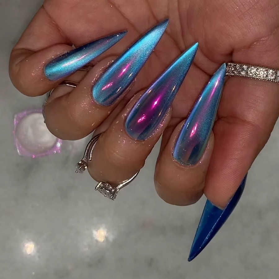 Qsezeny Kunstnägel, Stiletto, Blau, Metallic, 24 Stück, Unisex - Bild 1