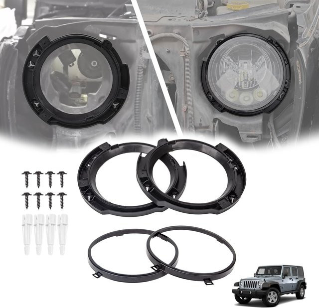 SOYAVISION 7-Zoll-Ring-Set mit runder Scheinwerfer-Montage-Haltehalterung und Metallring für Jeep Wrangler JK 2007–2017, Schwarz - Bild 1
