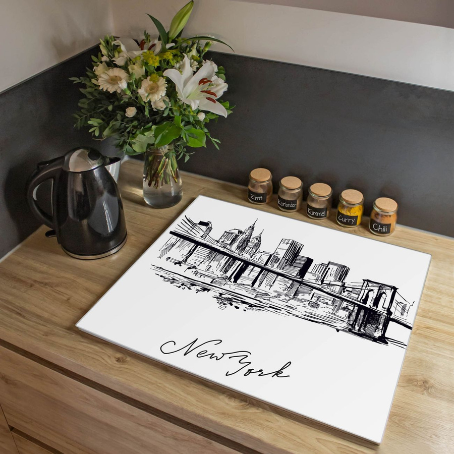 Banjado Herdabdeckplatte aus Glas mit New York Skizze Motiv, B/T: 60 x 52 cm - Bild 1