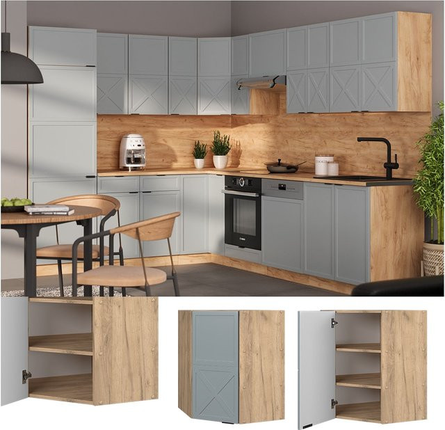 Vicco Eckhängeschrank Fame-Line Eiche in Blau-Grau mit Soft-Closing-Scharnieren und Regalböden, Breite: 57 cm - Bild 1