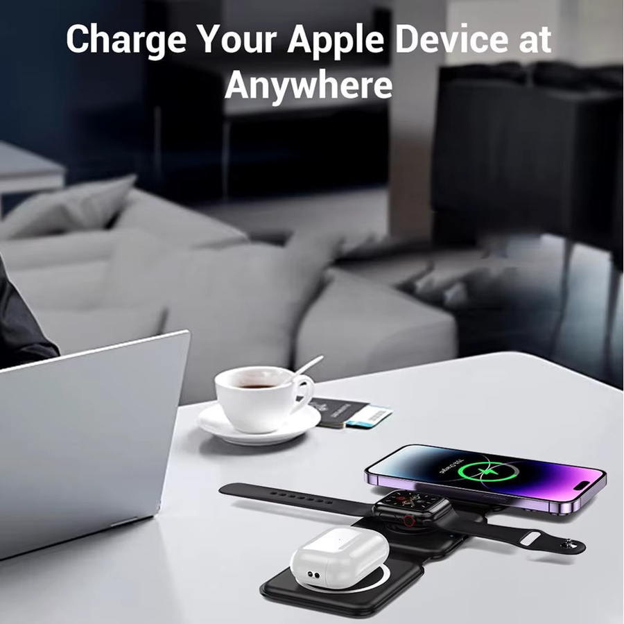 KEPHE 3-in-1 Faltbares Magnetisches Kabelloses Ladegerät in Weiß, Kompatibel mit iPhone 12-15 Serie und AirPods 2/3/Pro - Bild 3