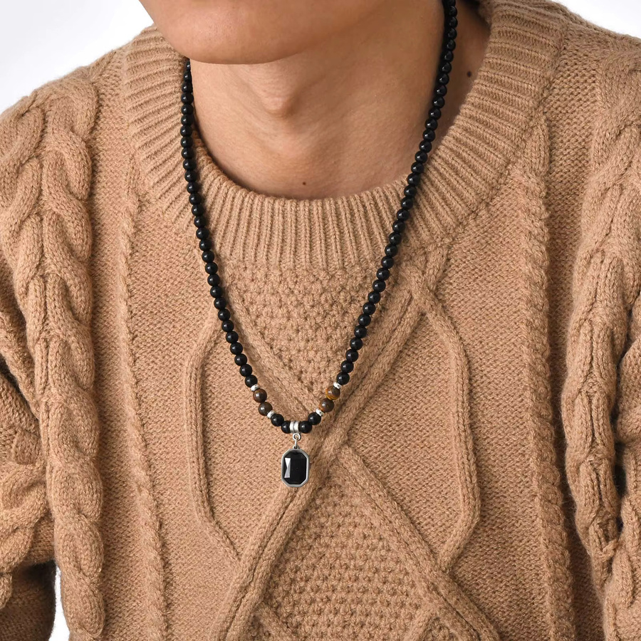 Mprainbow Halskette mit geometrischem Charm, schwarzer Perlen-Tier-Augenstein, Herren - Bild 2