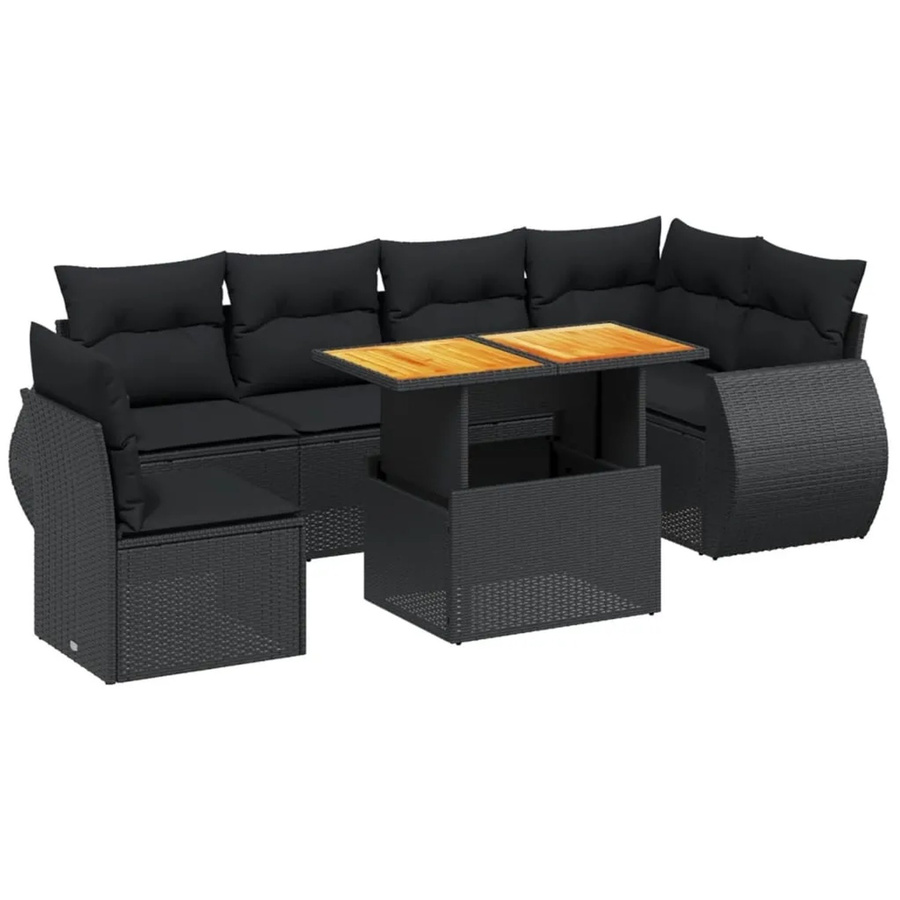 vidaXL 7-teilige Garten-Sofagarnitur aus Poly-Rattan und Akazienholz in Schwarz mit Kissen - Bild 2