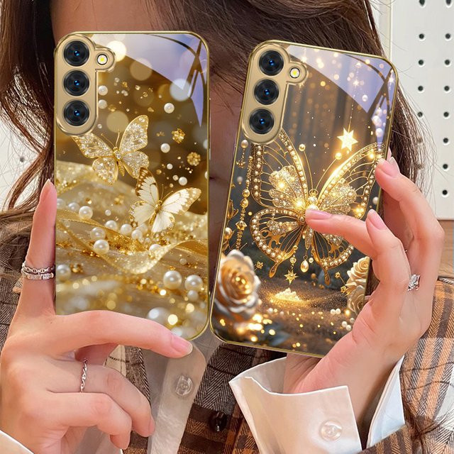 Goldene Glas-Telefonhülle mit Landschaftsmotiv für Samsung Galaxy S21, S22, S23, S24 Ultra und weitere Modelle, Farbe: Gold - Bild 1